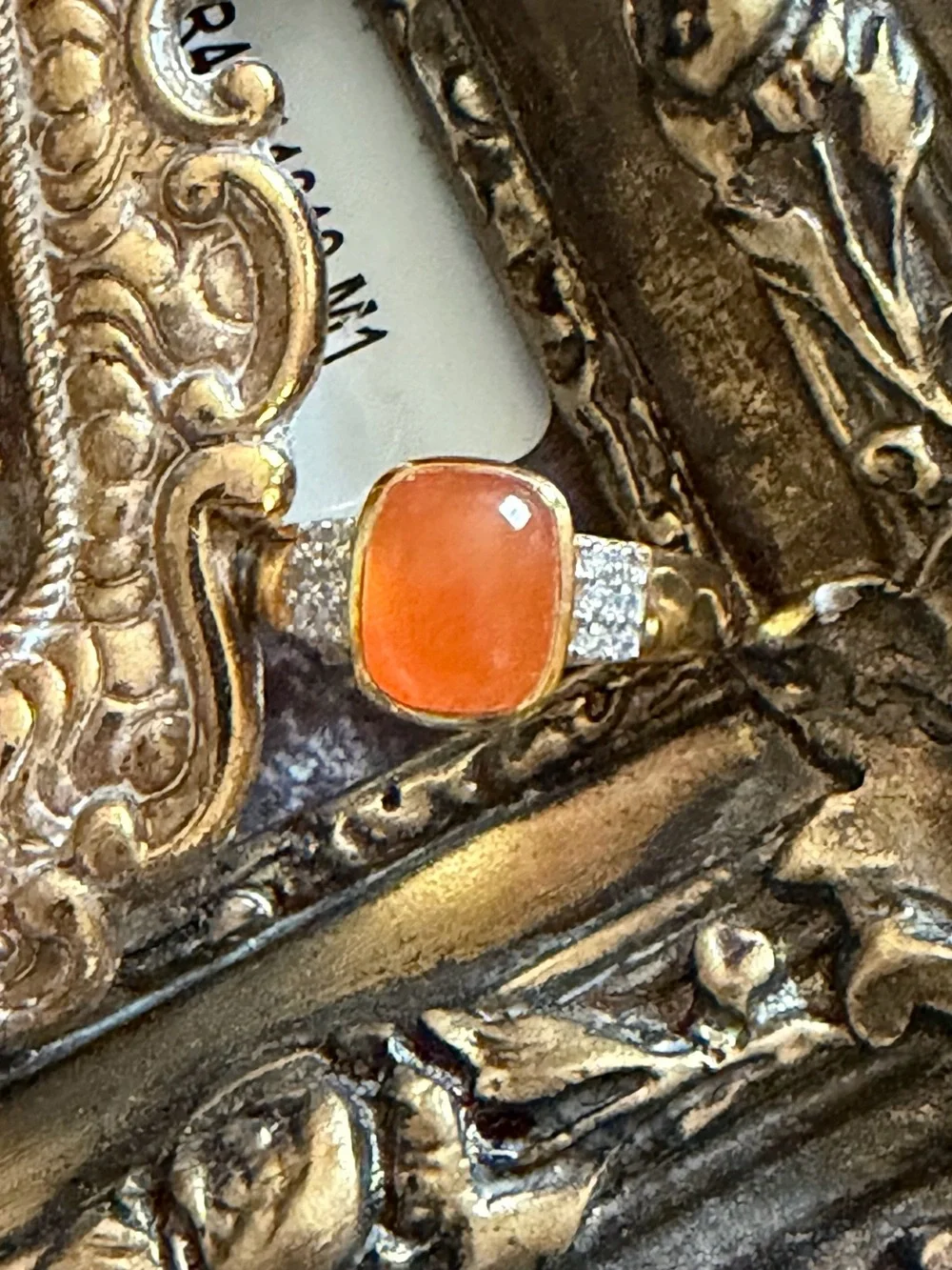 🆕 SONI • Gold Ring Orange Cabochon Crystal Stones Cocktail  Ring